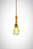 Vintage Farmhouse Wood Handle Caged Trouble Light Pendant ( Brown ) - Junkyard Lighting