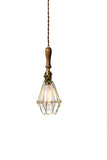 Antique Brass / wood handle caged trouble light pendant light ( plug in or hardwire ) - Junkyard Lighting