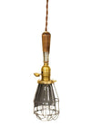 Vintage Farmhouse Wire Wood Handle Caged Trouble Light Pendant ( Brown ) - Junkyard Lighting