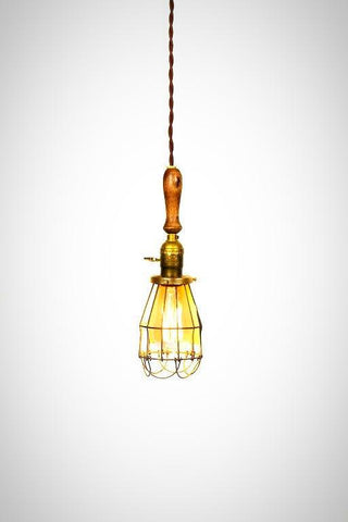 Vintage Farmhouse Wood Handle Caged Trouble Light Pendant ( Brown ) - Junkyard Lighting