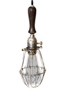 Brushed silver/ebony wood handle caged trouble light pendant (plug in / hardwire) - Junkyard Lighting