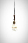 Brushed silver/ebony wood handle caged trouble light pendant (plug in / hardwire) - Junkyard Lighting