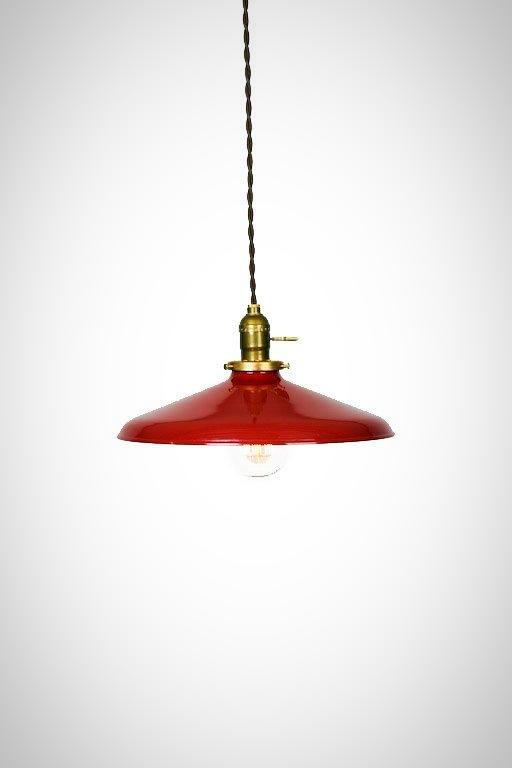 B&P Red Porcelain Enamel Industrial Dome Pendant Shade – 7" Metal & Glass, 2-1/4" Fitter